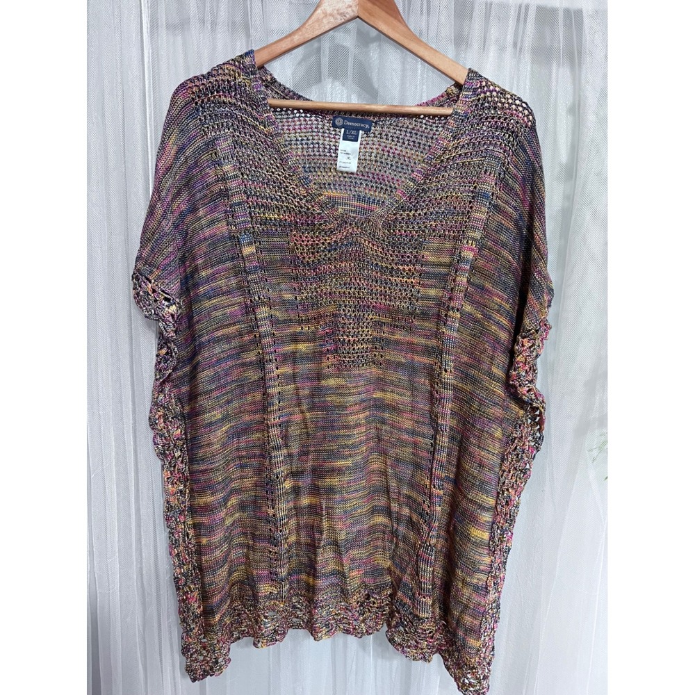 Democracy Womens Space Dye Open Knit V-Neck Poncho Top Multi-Color L/XL